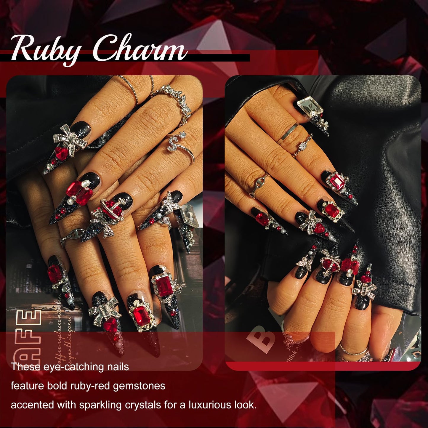 Handmade Press On Nails Stiletto, Black press on nails Long, Goth Red Rhinestone Glitter Nails For Women Gift, Reusable Stick On Fake Nails Kit With Nail Glue (Goth Charm, L)