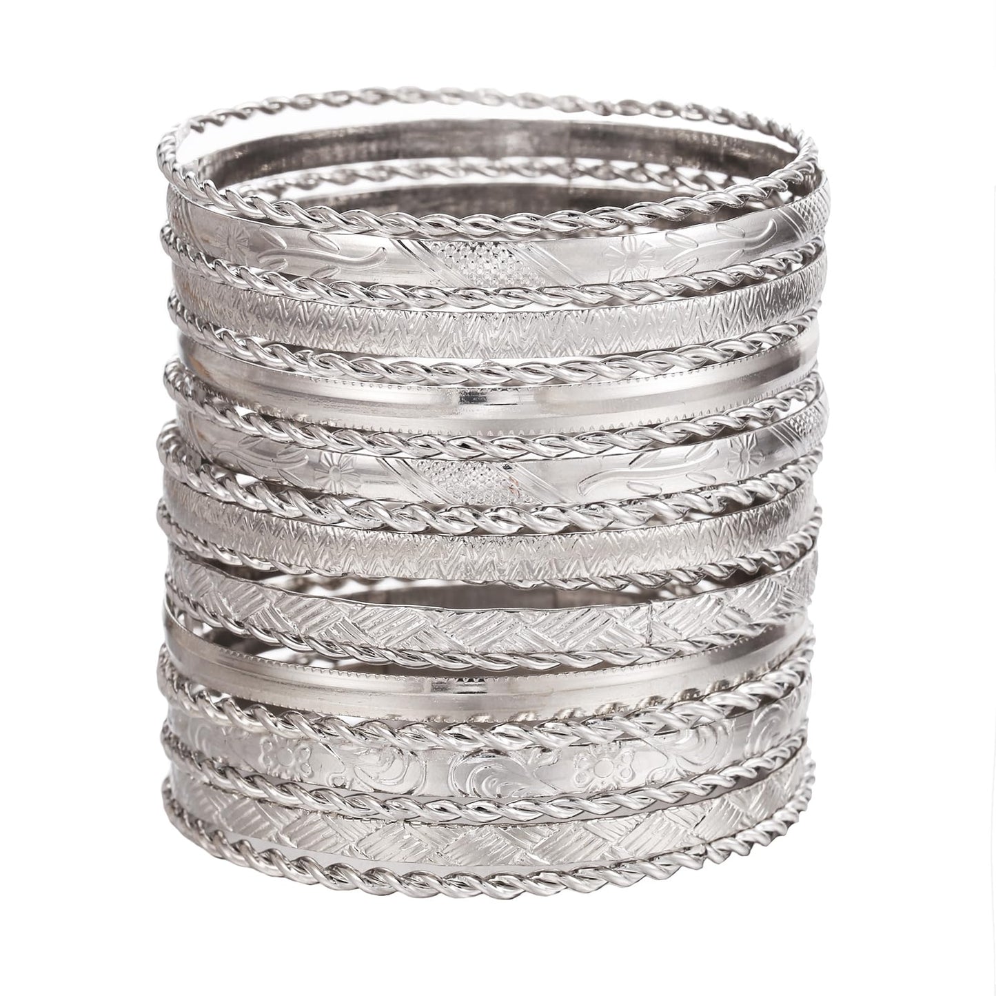 RINTOLER 19Pcs Silver Bangle Bracelets for Women - Multi Layer Stackable Textured Bracelets Boho Jewelrys Set (19Pc Silver)