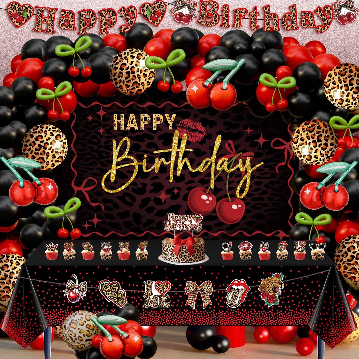 Cheetah and Cherry Birthday Decorations for Women Girls - Red and Black Balloon Arch Kit, Cherry and Cheetah Print Balloons, Tablecloth, Banners, Cake Toppers, Girls Night, Bachelorette Party Decor
