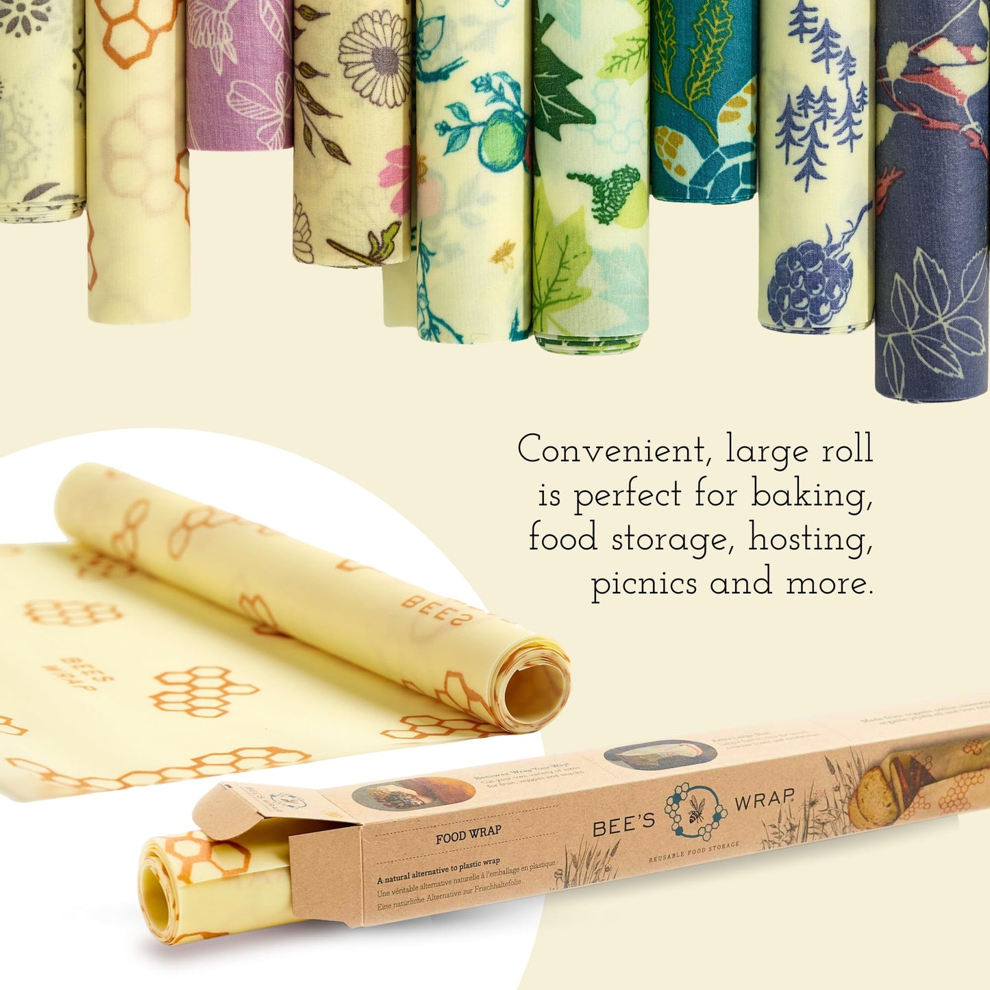 Bee's Wrap Vegan Beeswax Wraps for Food - Cut to Size 14x52" Beeswax Wrap Roll - Plastic Free Made in USA Reusable Natural Food Wrap - Meadow Magic