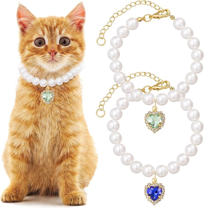 Mxxipp 2pcs Pearl Collar for Cat Puppy, Small Cute Heart Shape Rhinestone Pet Necklace, Adjustable Wedding Party Pet Jewelry Accessories for Puppy Kitten- Green & Pink