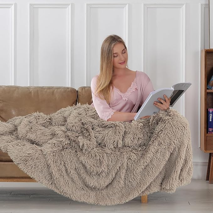 Tuddrom Decorative Extra Soft Faux Fur Throw Blanket 50"x60",Solid Reversible Fuzzy Lightweight Long Hair Shaggy Blanket,Fluffy Cozy Plush Fleece Comfy Microfiber Blanket for Couch Sofa Bed,Khaki