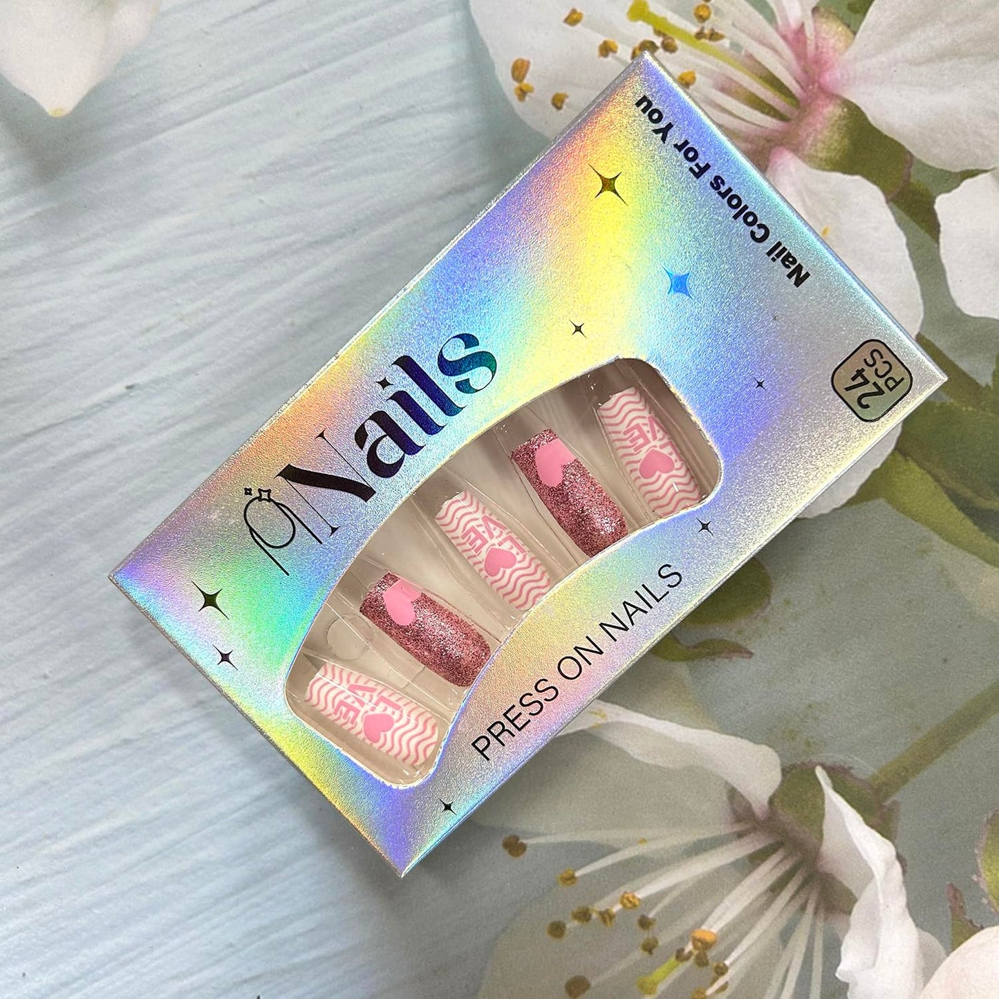 Valentine's Pink Love Heart Fake Nails Press on Nails Medium Square Glitter Powder Design Full Cover Acrylic Nails Set Artificial Coffin Nails Glossy Valentine's Glue on Nails for Women 24Pcs