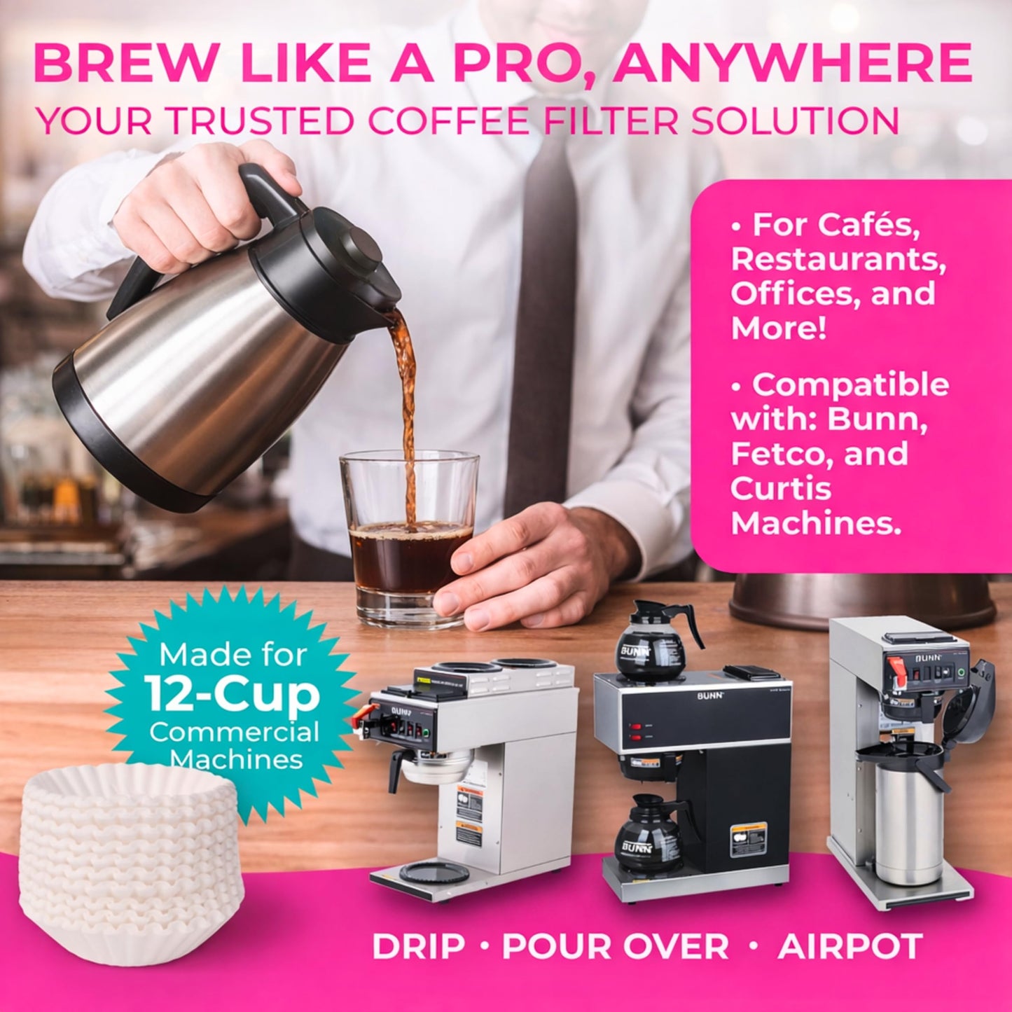 Katy’s Large Commercial Coffee Filters (9.5” x 4.5”) for 12-Cup BUNN, Fetco & Curtis Coffee Machines – Tall Walls, No Ground Overflow – Premium Filters for Businesses (Bulk Pack)