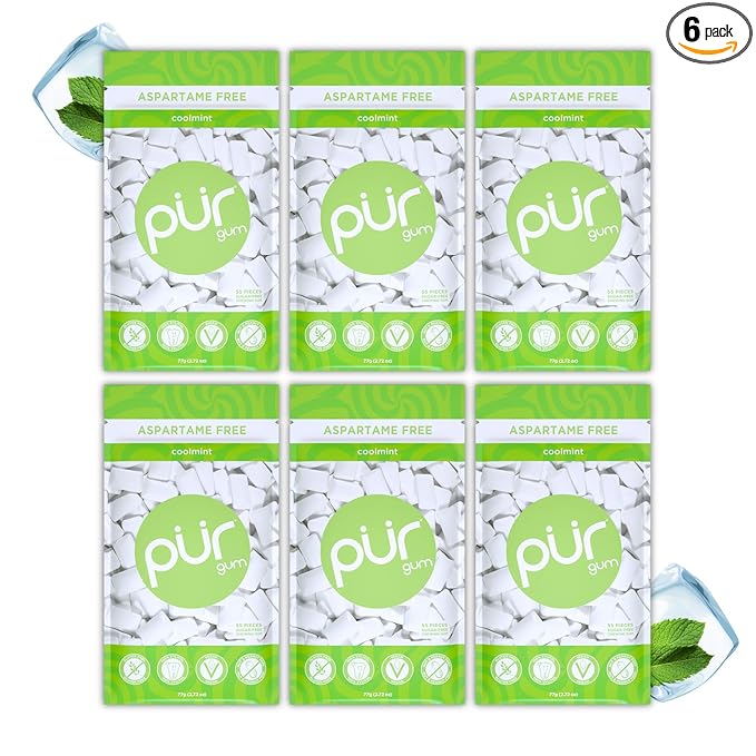 PUR Gum | Aspartame Free Chewing Gum | 100% Xylitol | Natural Coolmint Flavored Gum, 55 Pieces (Pack of 6)
