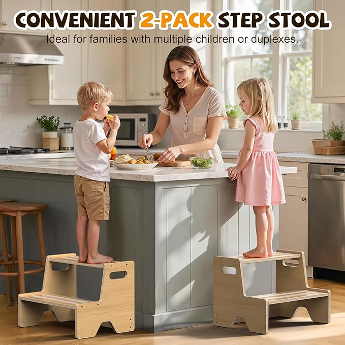Step Stool for Toddler, Sturdy Wooden 2-Step Stool with Anti-Slip Surface and Pads for Barthroom, Kitchen, Bedroom, Toilet, and Potty Training - 2 Pack
