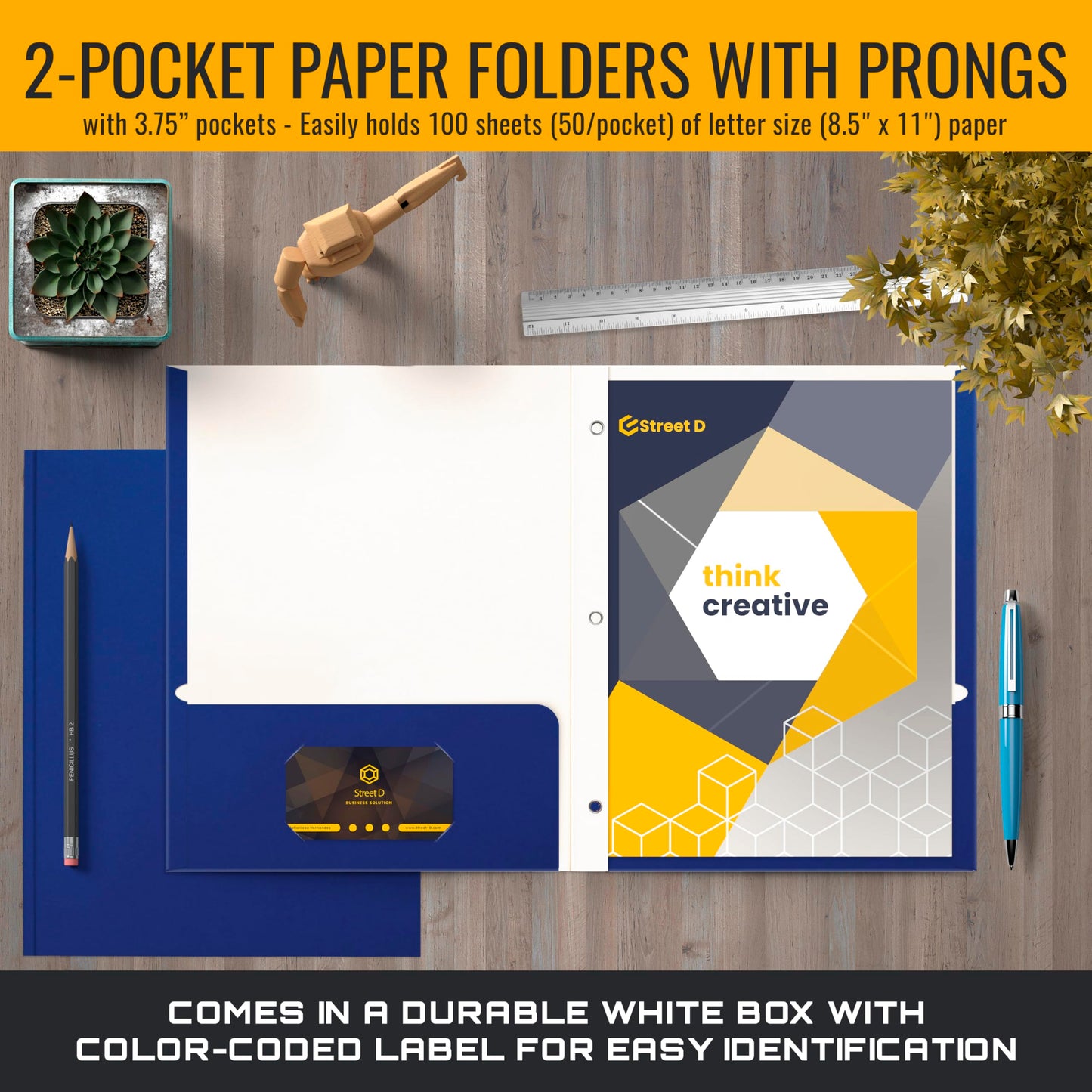 Better Office Products Blue Paper 2 Pocket Folders with Prongs, 50 Pack, Matte Texture, Letter Size Paper Folders, 50 Pack, with 3 Metal Prong Fastener Clips, Blue