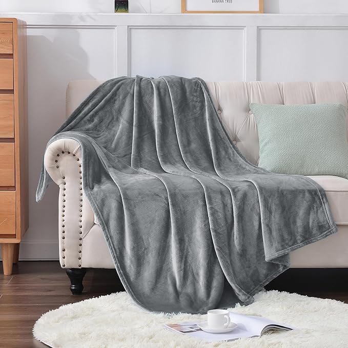 SOCHOW Flannel Fleece Throw Blanket, 340 GSM All Season Super Soft Cozy Blanket for Bed, Sofa or Couch, Grey, 50x70 inches