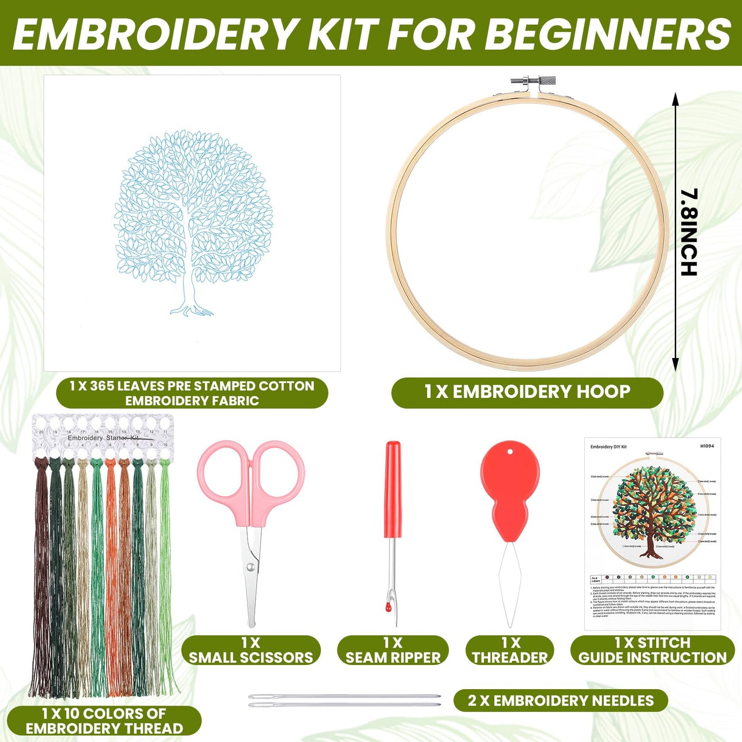 Norme Leaves Embroidery Kit for Beginners Adults 365 Leaves Tree Pre Stamped Pattern Cross Stitch Kits with 7.8 Inch Embroidery Hoop, Threads, Needles, Tools and Stitch Guide for DIY Craft Gift