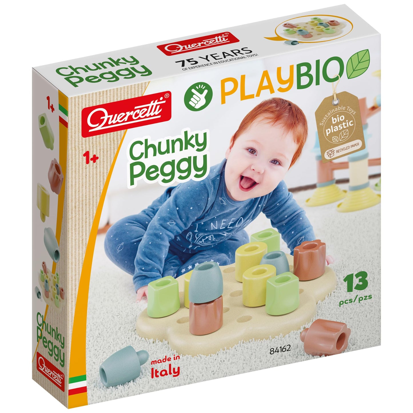 Quercetti: PlayBio - Chunky Peggy - 13pc Peg Blocks Sorting & Stacking Toy, Color Tower Building, Free Play, Earth Conscious, Baby-Toddler 1+