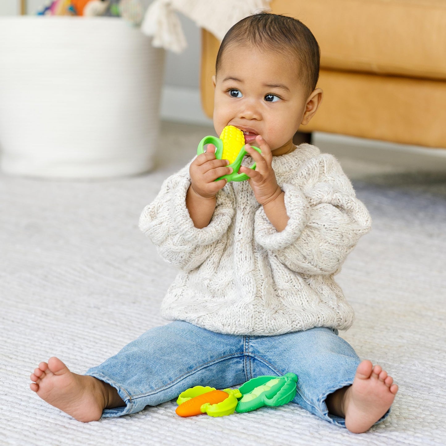 Infantino Lil’ Nibbles Textured Silicone Teethers, BPA-Free Baby Teething Toy, Soft, Easy to Hold, Sensory Stimulation for Infants, Carrot, Corn, Pea Pod, 3-Pack Set