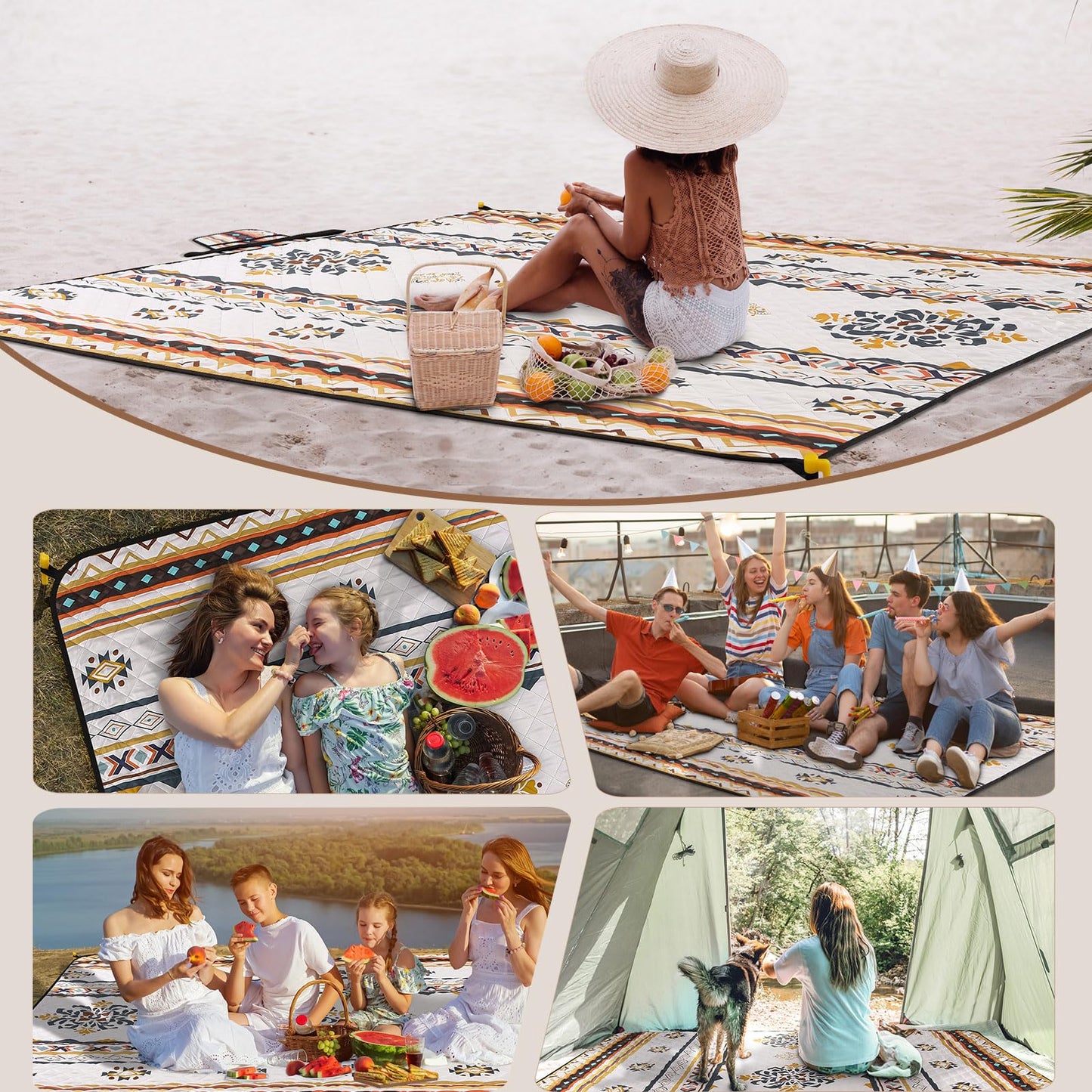HAUSPROFI Extra Large Picnic Blanket 80"x80" – Waterproof Outdoor Mat for Beach, Camping, Park & Garden, Portable with Carry Strap & 4 Stakes, Machine Washable, Bohemian Pattern