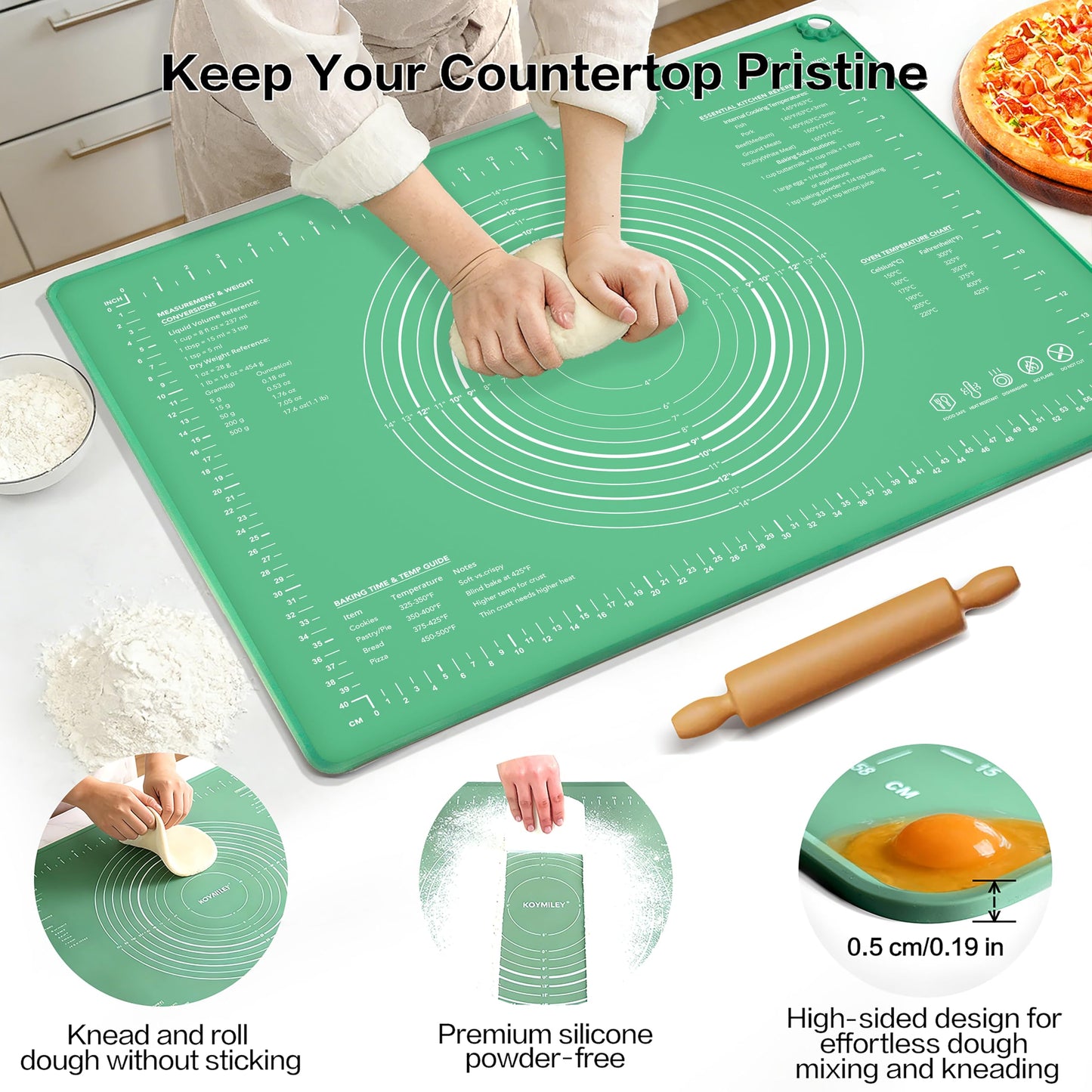 Extra Large Food Grade Platinum Silicone Pastry Mat 28 x 20, Non-Slip Non-Stick Baking Mat for Rolling Dough with 5mm Raised Edge, Measurements & Baking Guide for Bread, Pizza, Pie & Sourdough