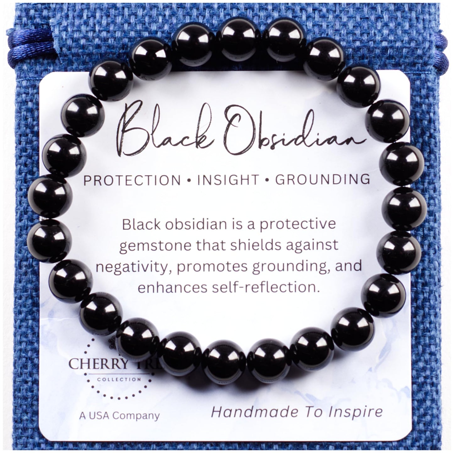 Cherry Tree Collection - Handmade Crystal Beaded Stretch Bracelets For Women and Men - Small, Medium, Large Sizes - Healing Properties Card - 8mm Round Beads (Black Obsidian - Small)