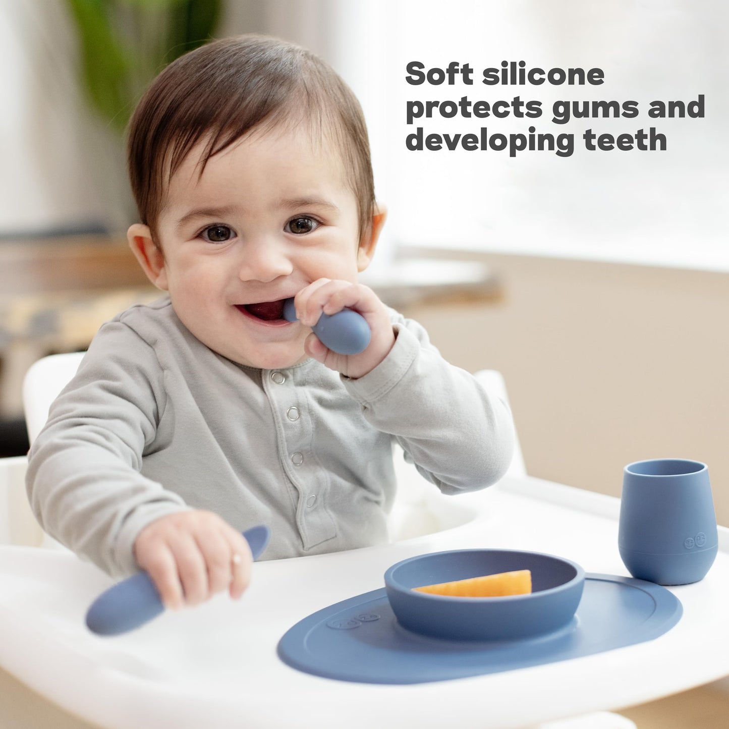ezpz Tiny Spoon (2 Pack in Blue) - 6 Months+ - 100% Silicone Spoon for Baby Led Weaning + Purees - Designed by a Pediatric Feeding Specialist - Shower Essentials & Gifts