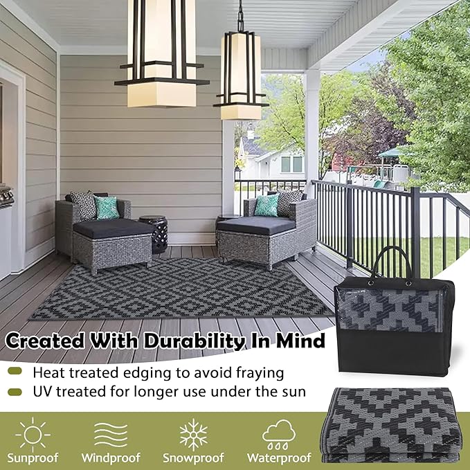 SAND MINE Waterproof Outdoor Rug 8x8 ft, Plastic Reversible Rug, Modern Area Rug, Large Floor Mat for Outdoors, RV, Patio, Backyard, Deck, Picnic, Beach, Camping (3' x 5', Black Grey Lattice)