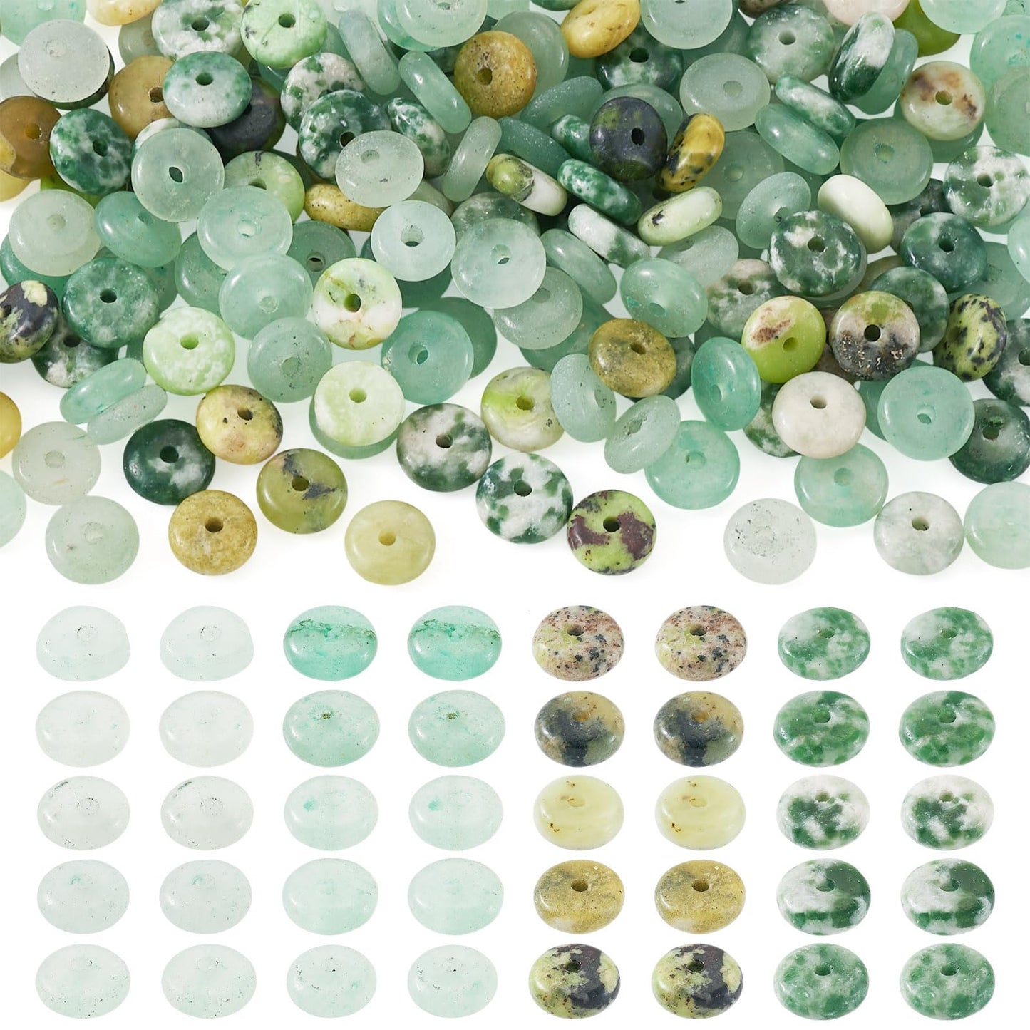 Beadthoven 180Pcs 6mm Natural Gemstone Rondelle Beads Healing Crystal Disc Abacus Smooth Stone Spacers Serpentine Jade Green Aventurine Green Spot Jasper Beads for DIY Bracelet Necklace Jewelry Making
