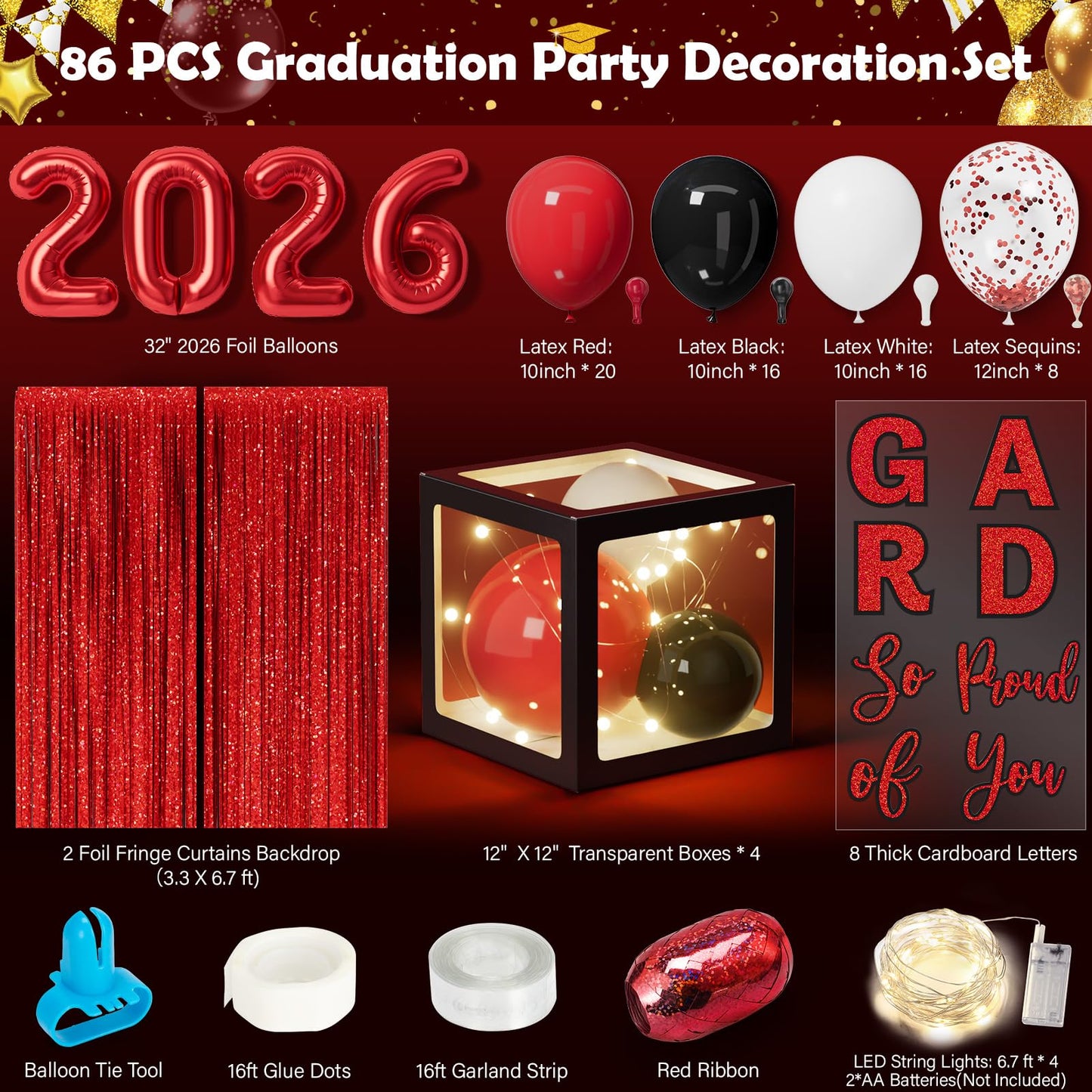 Ecomore Graduation Party Decorations Class of 2026 - 86 PCS Grad Party Supplies Includes LED Light Strings Balloon Block Boxes with Letters Foil Curtains Backdrop 2026 Balloon Garland Kit - Black Red