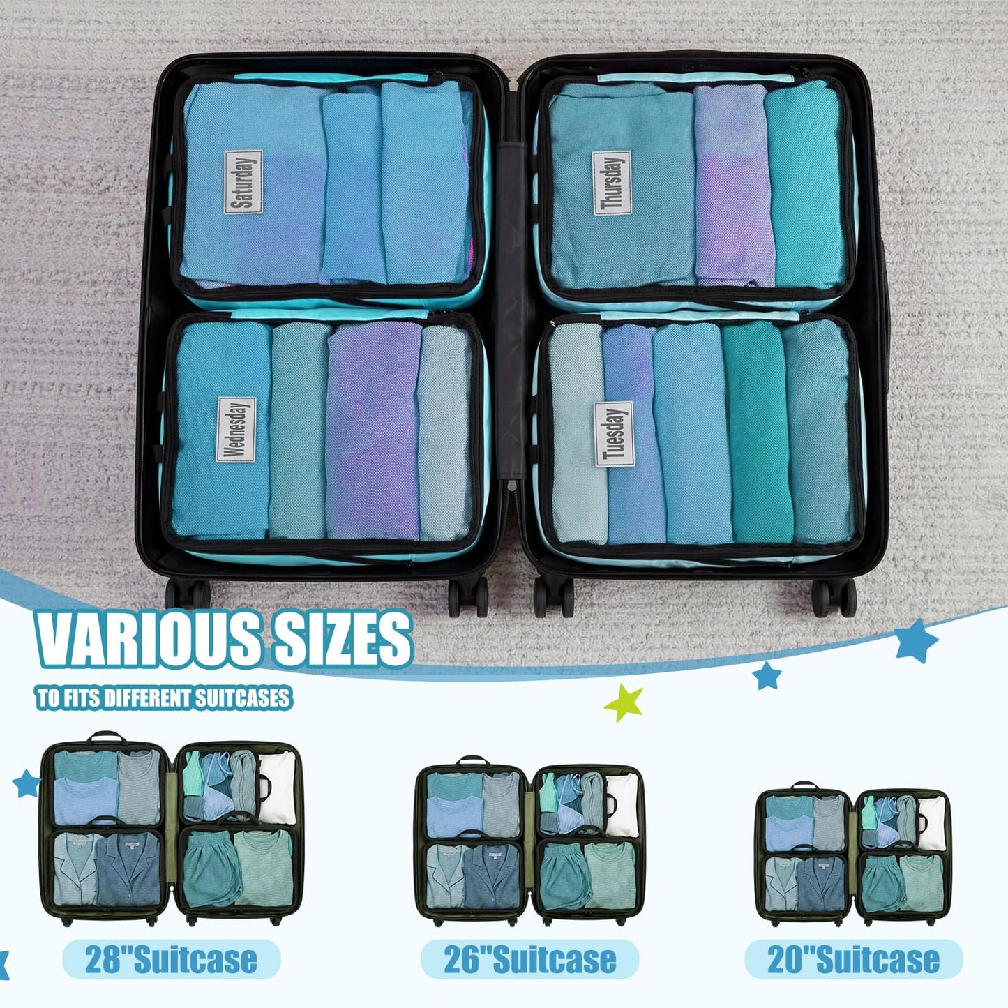 Bulyoou 7 Pcs Packing Cubes for Travel Days of Week Compression Packing Cube with Labels Organizers Luggage Storage Bag(Blue,Large)
