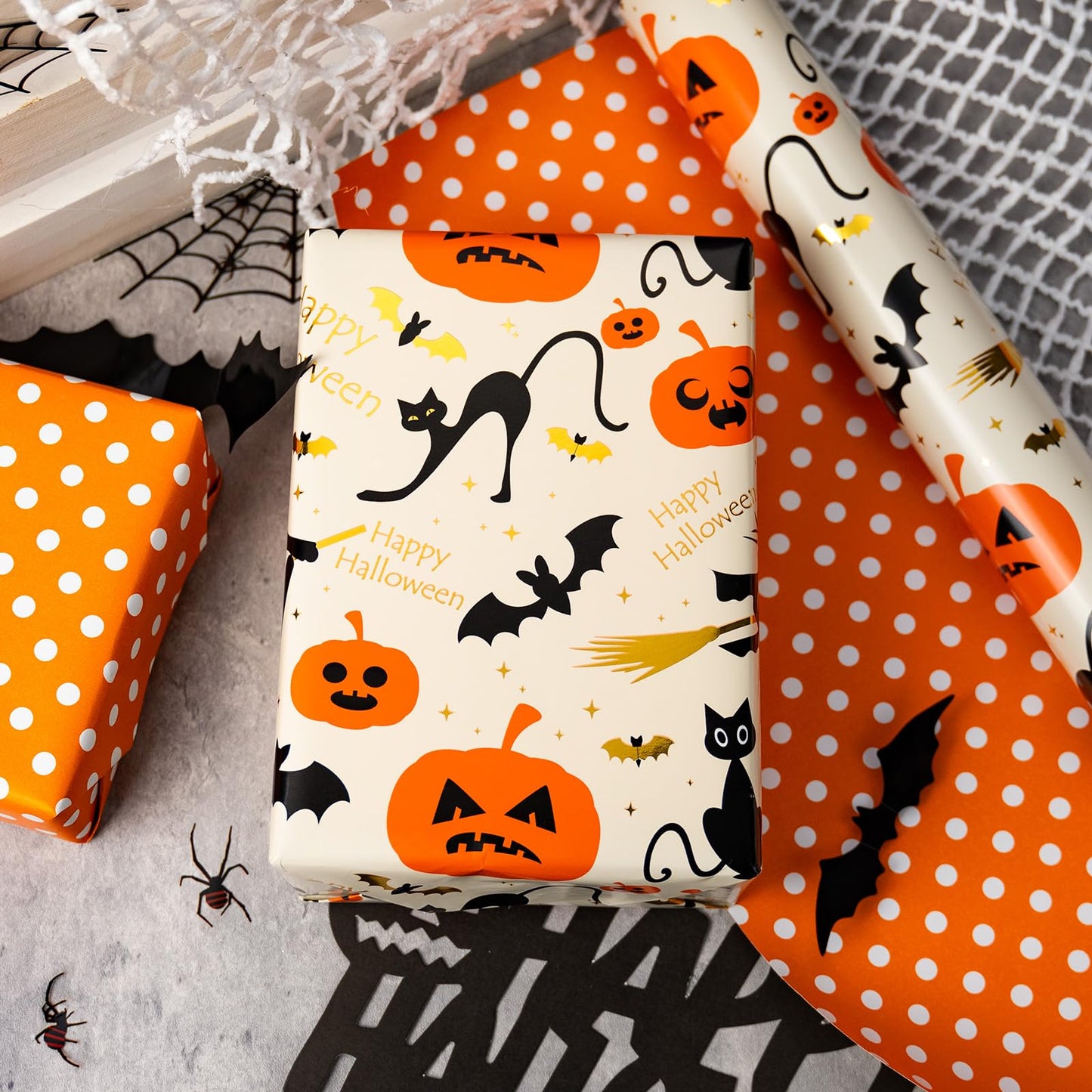 Burymento Reversible Halloween Wrapping Paper, Pumpkin, Witch Hat and Polka Dot Design, Suitable for Halloween, Christmas Nightmare Holidays, Parties, Mini Rolls (17 Inches X 32.8 Feet)