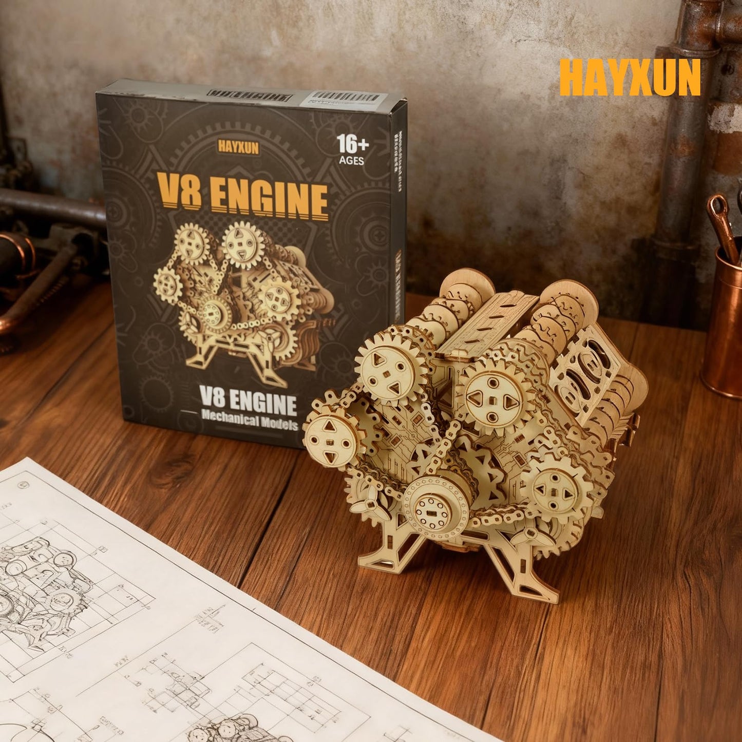 3D Puzzles for Adults - Wooden V8 Engine Model Kit, 3D Puzzle Model Engine Kit with Working Motor, DIY Kits Hobbies for Men for Men, Teen (591 Pcs)
