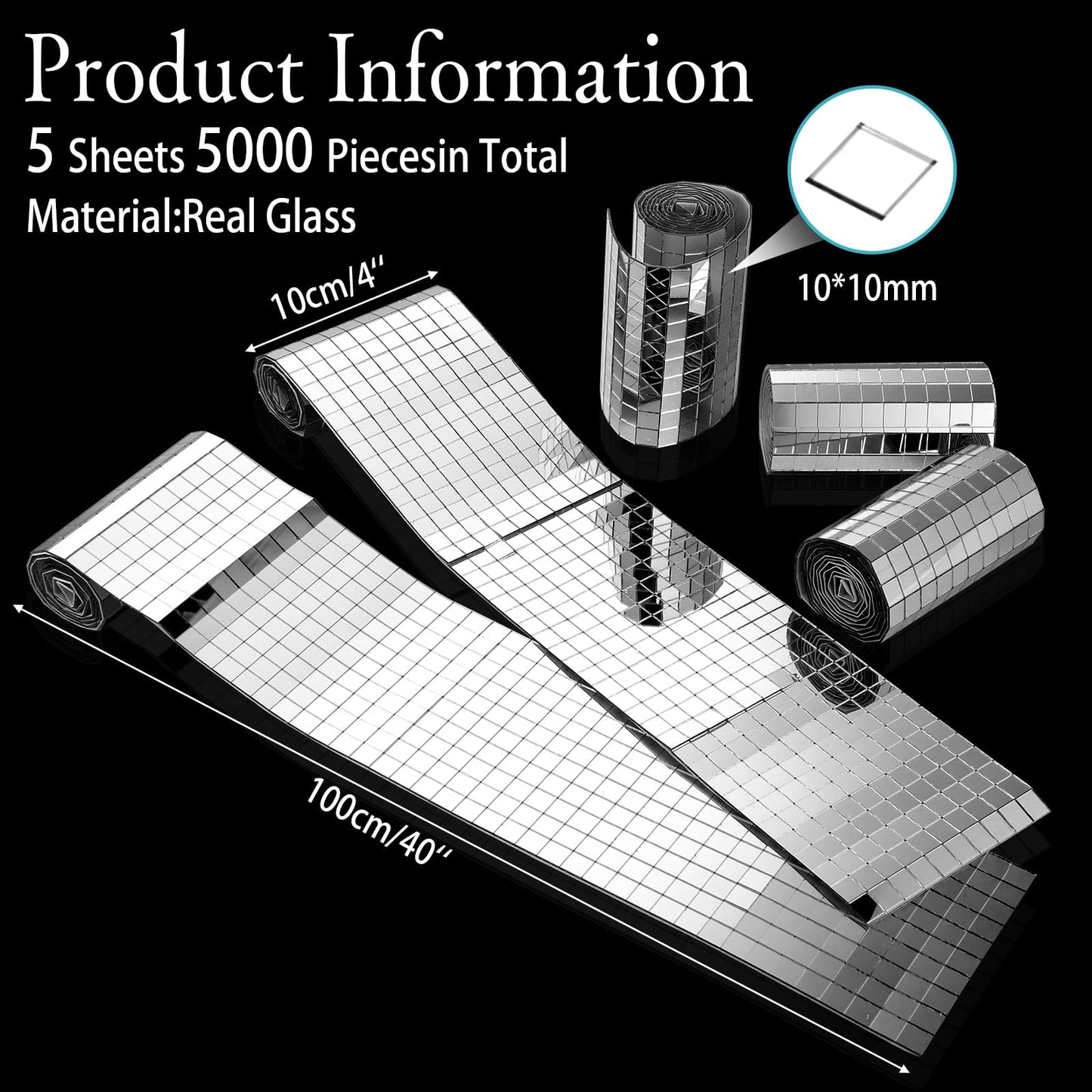 5000 Pcs Disco Mirror Tiles 10 x 10 mm Self Adhesive Disco Ball Tiles Sheet Silver Mirror Glass Square Mosaic Tiles Sticker for Vases DIY Craft Home Indoor Outdoor Decoration
