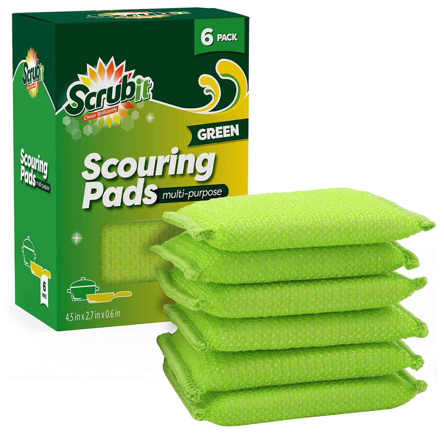 SCRUBIT Multi-Purpose Scouring Pad - Non-Scratch Cleaning Sponges for Pots, Pans, Dishes, Utensils & Non-Stick Cookware - Scrubbing Pads Use for Kitchen, Bathroom - 6 Pack Dish Sponge (Green)