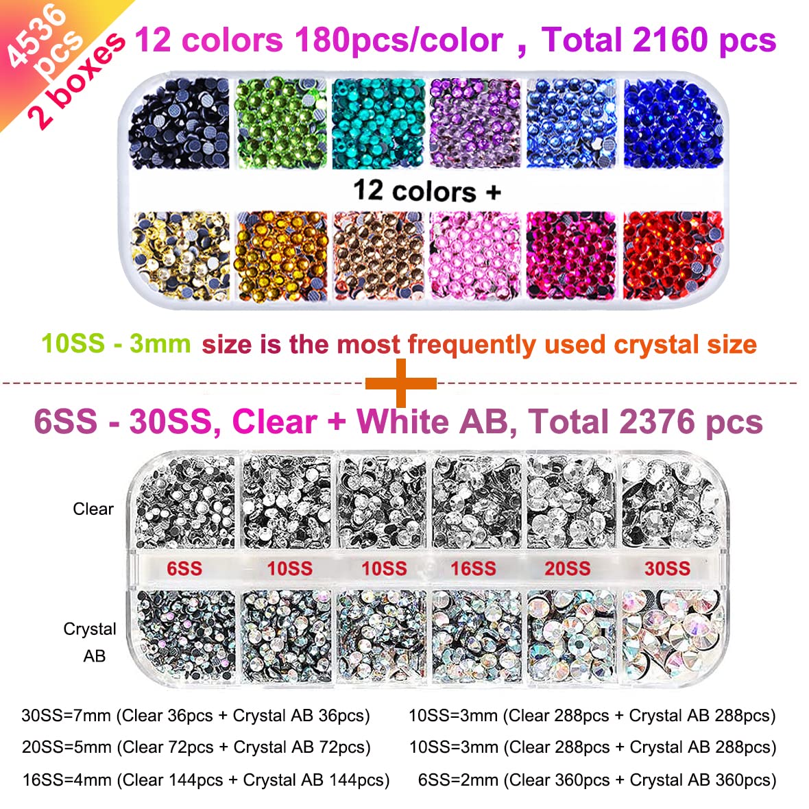 esseelove Hotfix Applicator, DIY Hot Fix Rhinestone Setter, Hot Fixed Wand Kit, 4536 Pcs, AB, Clear, 12 Colors, Gem Picker, Brush, Trays, Bag, Bedazzler Kit with Rhinestones