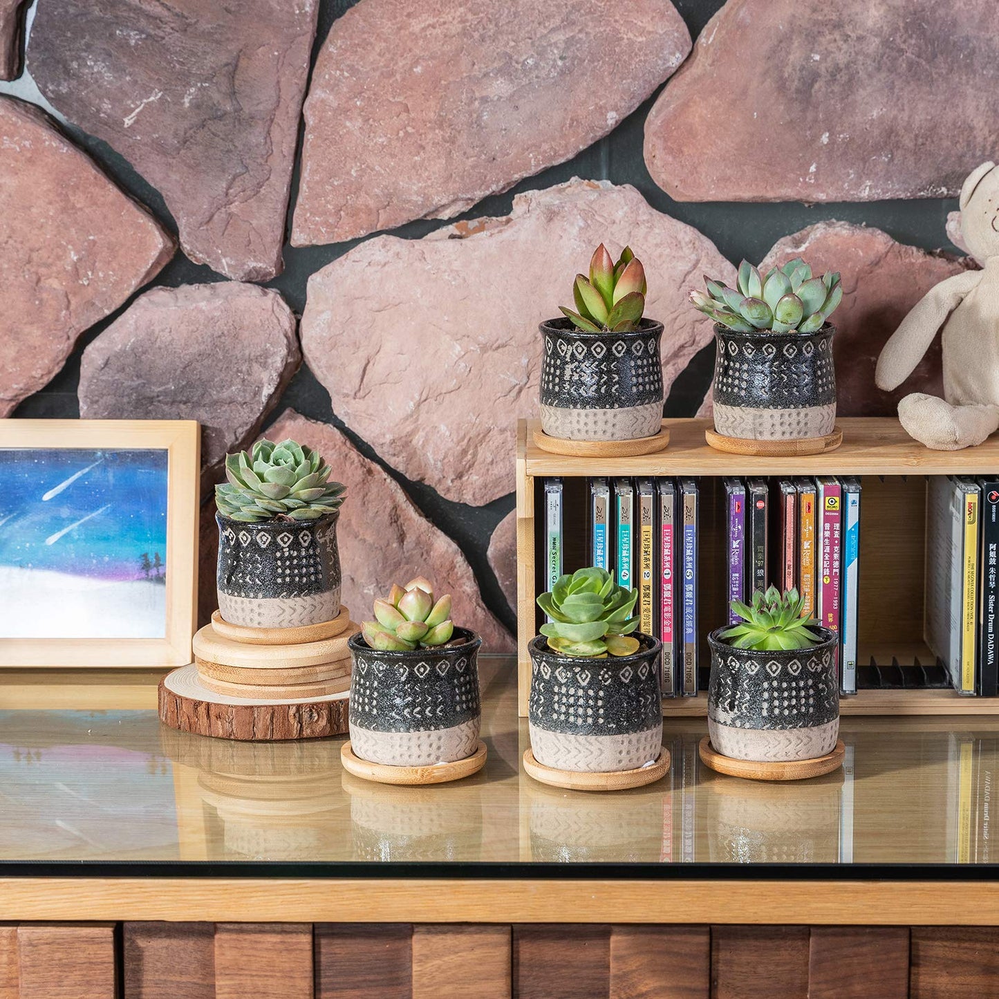 TAMAYKIM 2.75 Inch Mini Ceramic Succulent Plant Pots, Black Indoor Small Planter, Retro Elements Planter Pots with Saucer & Drainage Hole, for Cactus, Small Plants, Set of 6 (Plant Not Included)