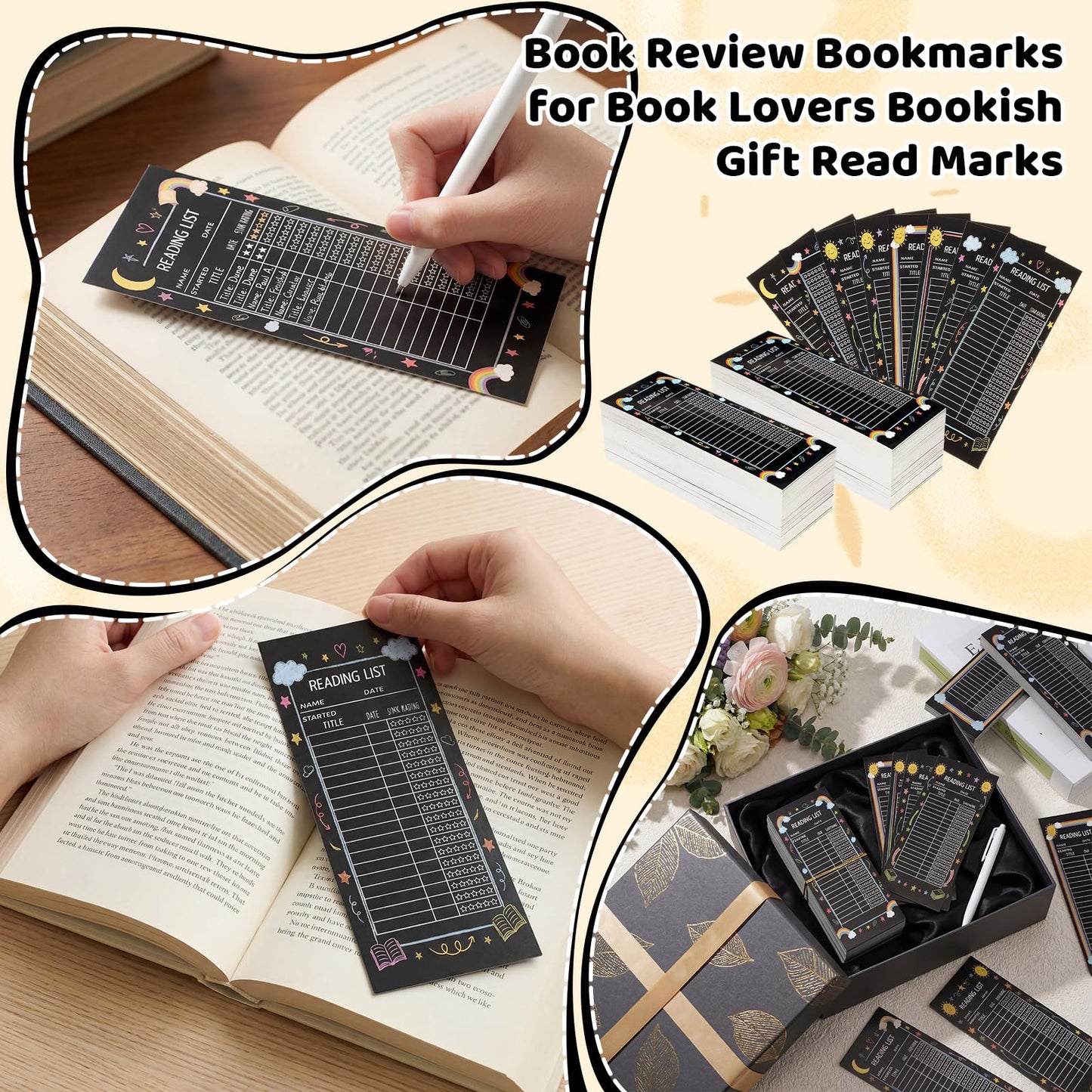 Resurhang 320 Pcs Black Reading List Bookmark Bulk 3 x 8 Inch Blank Personal Libraries Cards Reading Journal Log Book Review Bookmark Gifts Book Tracker Notecards for Library Accessories