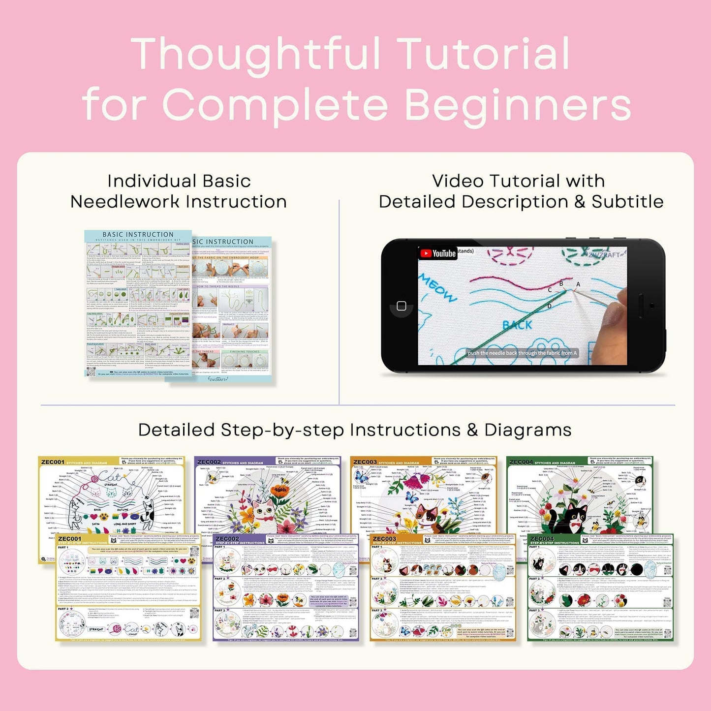 Embroidery Kit for Beginners, 4 Sets Cat Embroidery Kits, Needle Point Kits for Adults Beginner, with Full Package Sewing Supplies and Detailed Easy-to-Follow Instructions, Gift for DIY Lovers