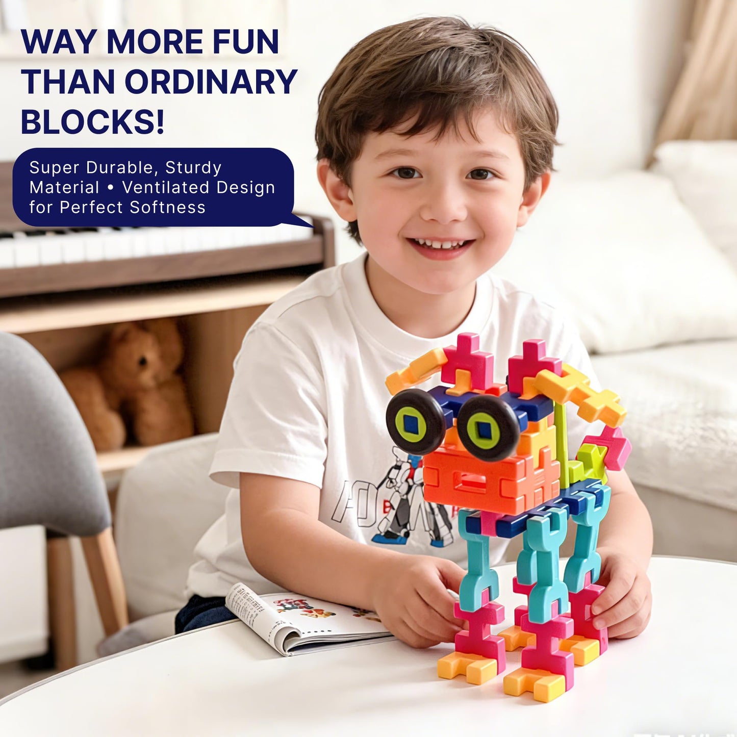 XRUFY Interlocking Building Blocks for Kids, 100+ Pcs STEAM Construction Set with Figures & Pets, Sensory Educational Toy for Preschoolers 3-8, with Building Manual & Storage Bin