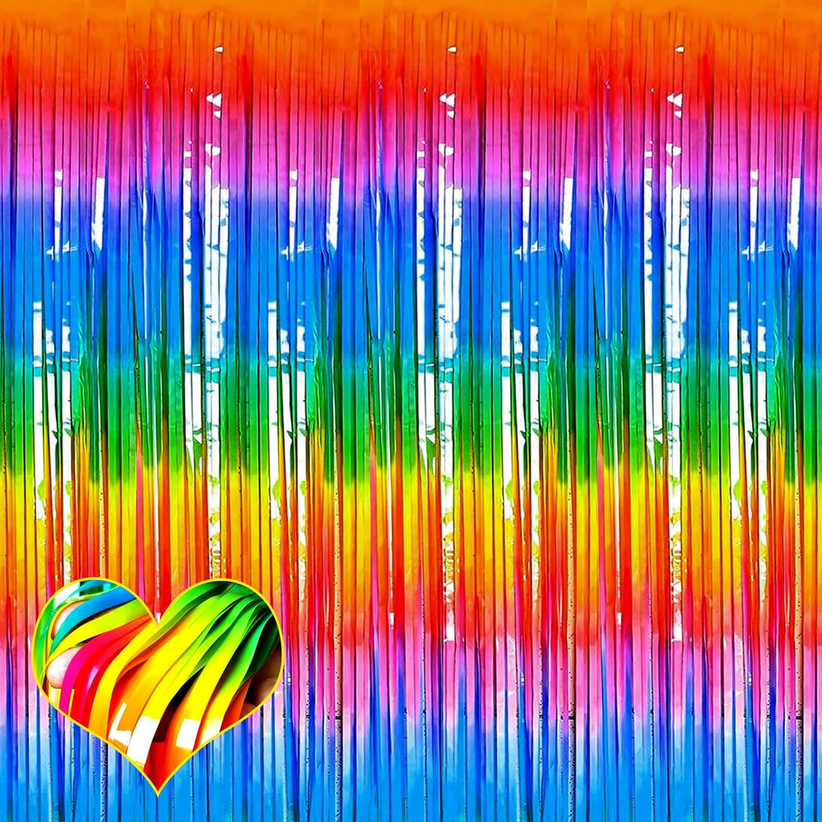 4 Pack New Dark Rainbow Fringe Curtain Backdrop, 3.2Ft x 6.6Ft Metallic Tinsel Foil Fringe Streamers Background for Photo Booth Birthday Wedding Carnival Easter Mother’s Day Party Decorations
