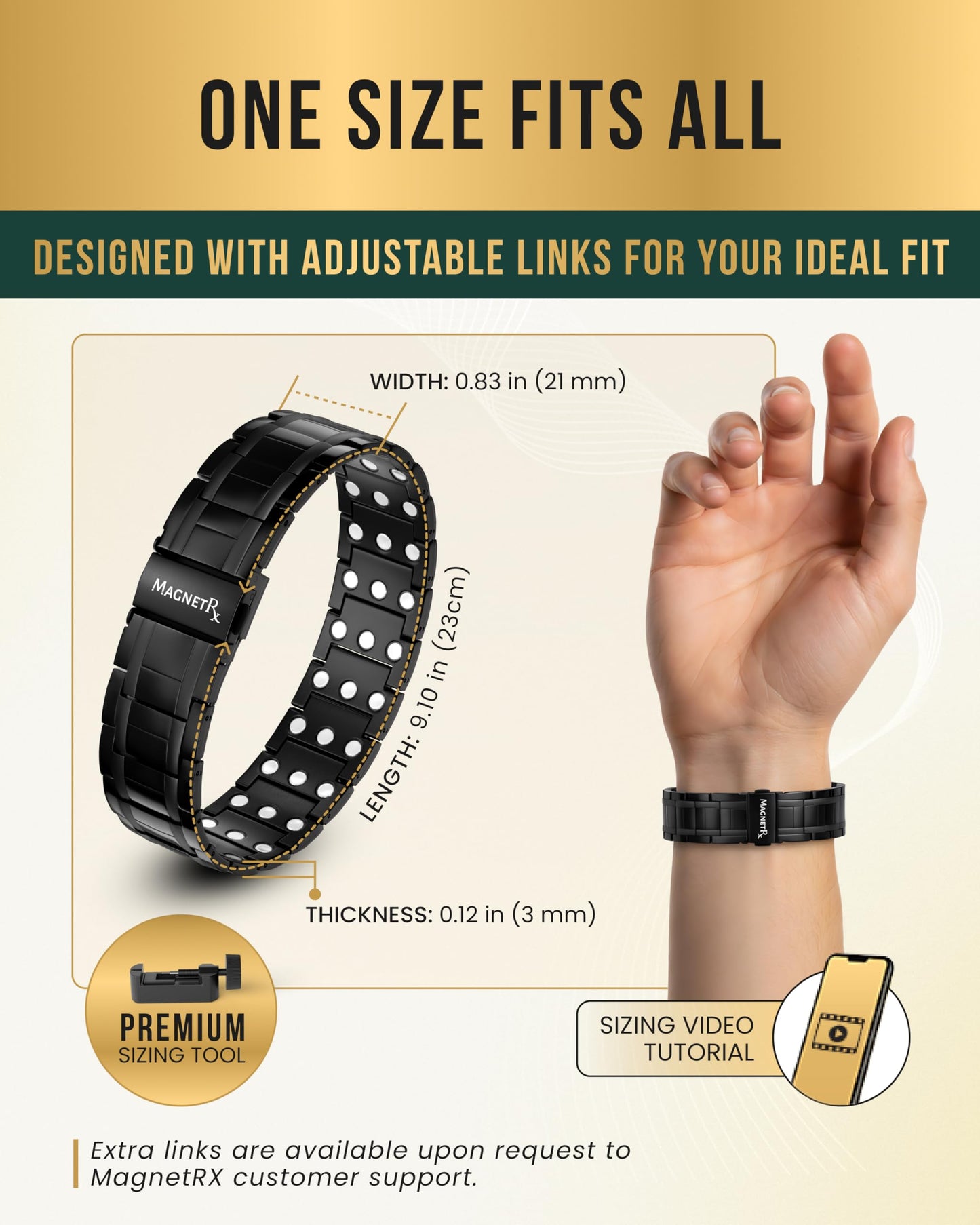 MagnetRX® 3X Strength Magnetic Bracelets for Men – Effective Titanium Mens Magnetic Bracelet – Premium Fold–over Clasp & Adjustable Length with Sizing Tool & Gift Box (Black)