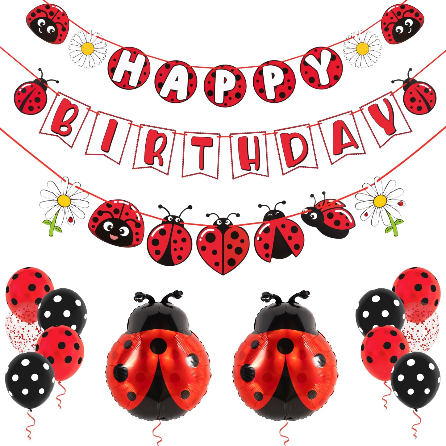 Pirese Ladybug Birthday Decorations, Ladybug Party Banner with Balloons, Pre-Strung Happy Birthday Decor Kit