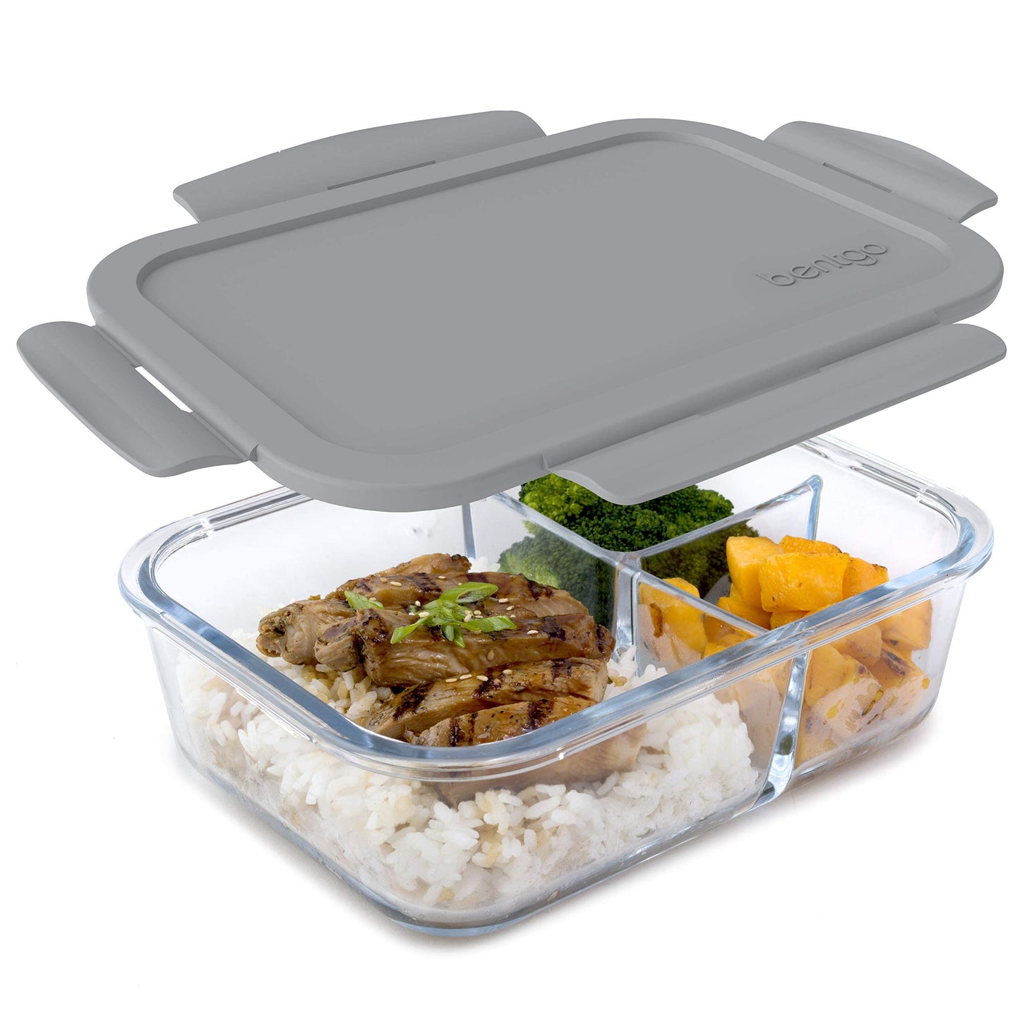 Bentgo Glass Lunch Box - Leak-Proof Bento-Style Food Container with Airtight Lid and Divided 3-Compartment Design - 5 Cup Capacity for Meal Prepping, and Portion-Controlled Meals for Adults (Gray)