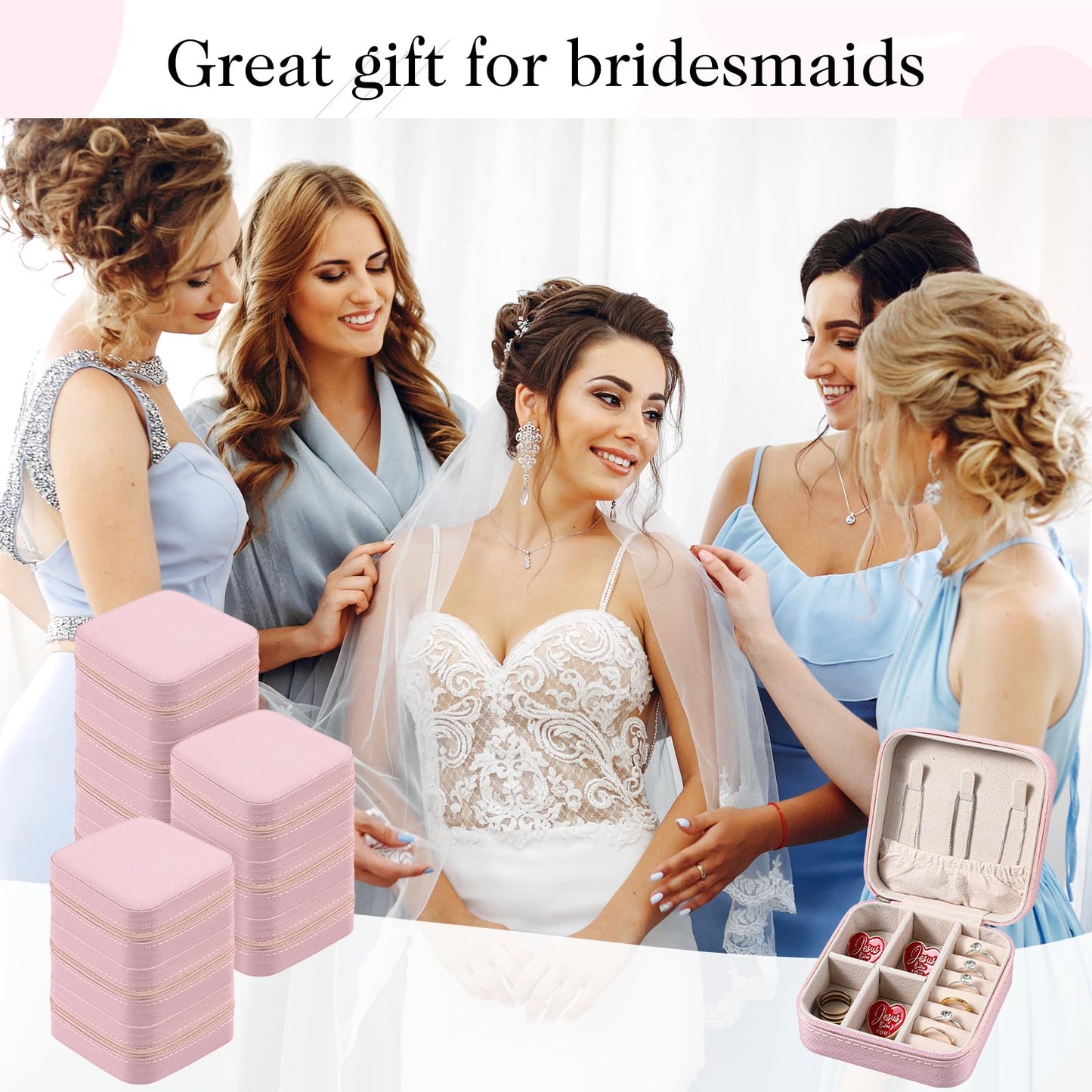 JOUTYFOR 12 Pcs Mini Travel Jewelry Case Bridesmaid Proposal Gift Boxes, Small PU Leather Earring Organizer, Bulk Travel Accessories Portable Jewelry Holder (Pink)