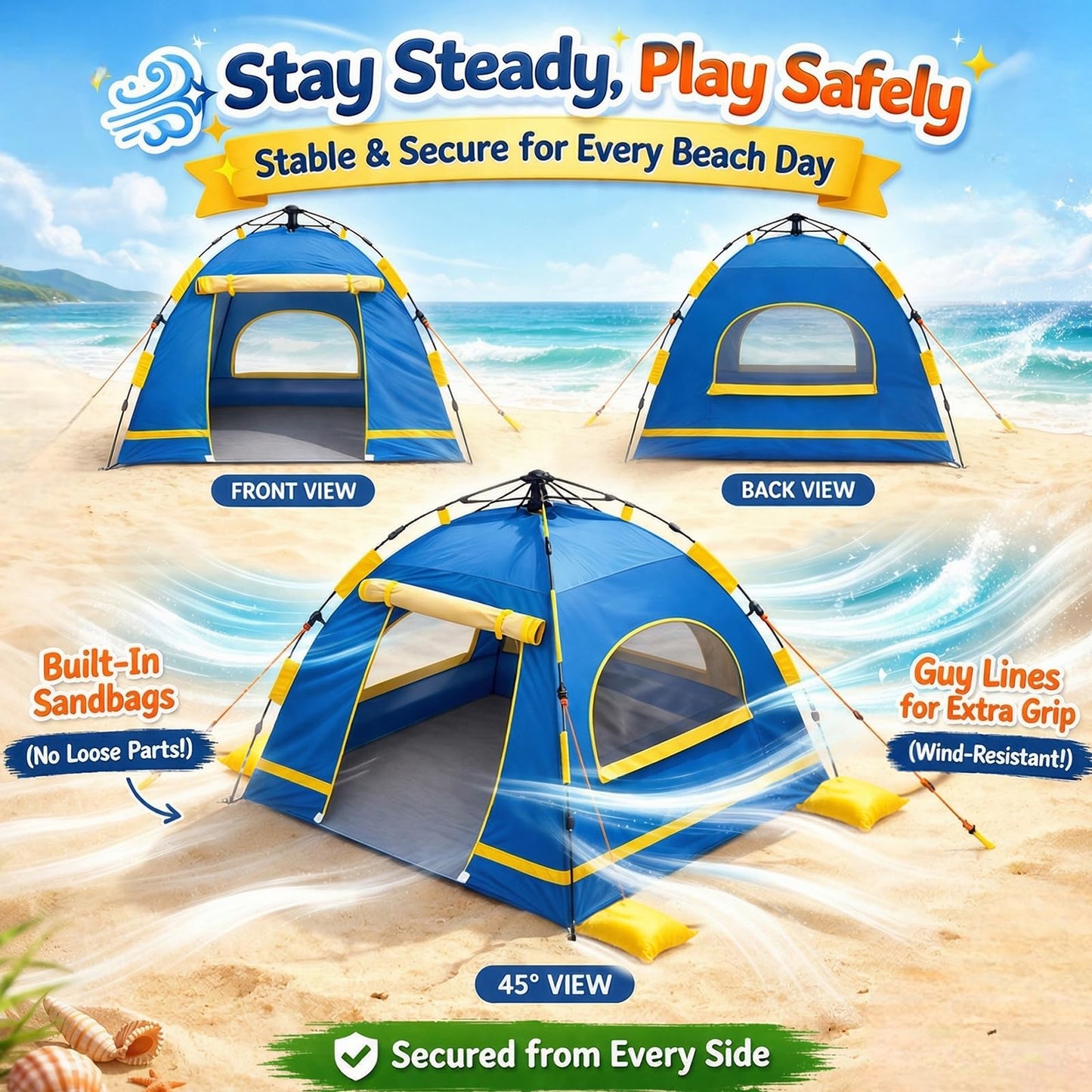 Baby Beach Tent Pop Up Sun Shelter with UPF 50+ UV Protection, Silver-Coated Interior, Breathable Mesh Ventilation, Easy Setup, Wind-Stable Beach Shade for Infants & Toddlers