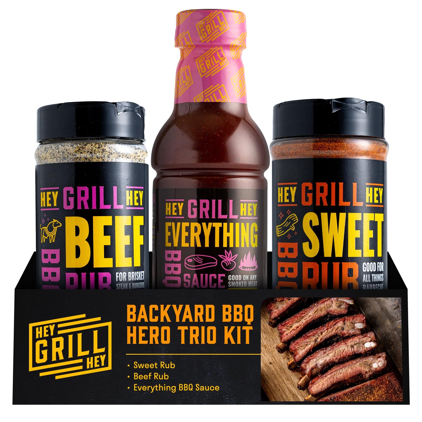 Hey Grill Hey | BBQ Seasoning and Barbeque Sauce Gift Set | Seasoning Set | Beef Rub, Sweet Rub, Everything Barbecue Sauce | Backyard BBQ Hero Trio