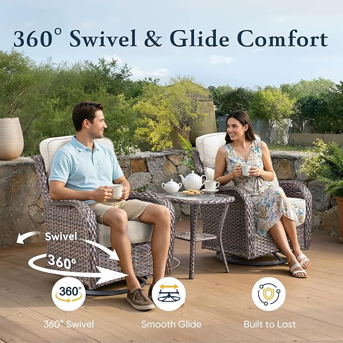 Belord Luxury 6" Thick Cushioned Outdoor Swivel Rocker Patio Chairs with Side Table, 3 Pieces High Back Wicker Furniture Set with Ergonomic Back, Conversation Gliders Set for Deck Porch - Brown+Beige