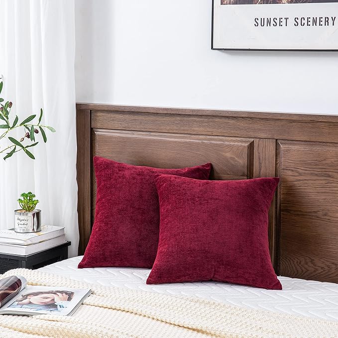 GAWAMAY Decorative Throw Pillow Covers 16x16 Inch Set of 2, Super Soft Chenille Square Pillows Farmhouse Fall Pillowcase for Living Room Bedroom Sofa Couch Cushion Cover Burgundy Red 40x40cm