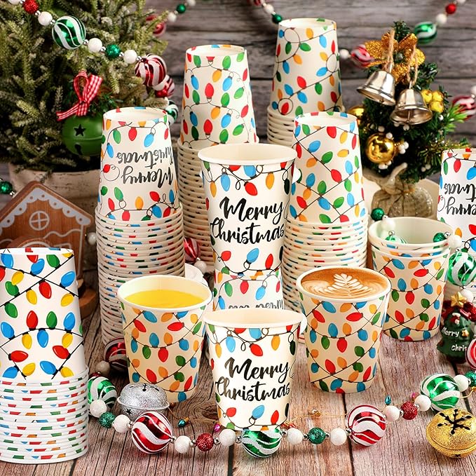 Funtery 100 Pieces Christmas Paper Cups Disposable Coffee Light Bulbs Insulated Coffee Paper Cups 9 Ounce Drinking Tea Christmas for Daily Use Holiday Party