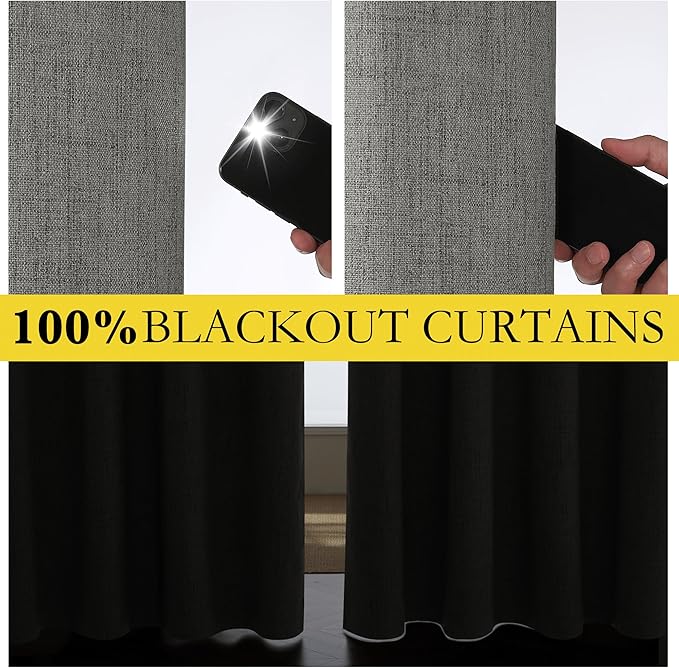NICETOWN Grizzle Gray Vintage Linen 100% Blackout Curtains for Living Room, Thermal Insulated Curtains 45" Long, Noise Reducing Window Treatment Drapes for Hall Room, 52" Wide Per Panel, Set of 2
