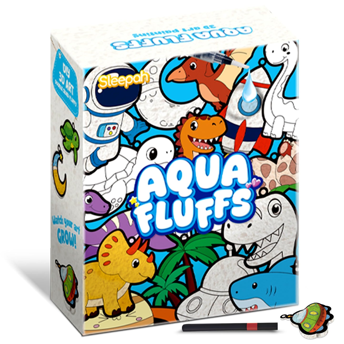 Aqua Puffs Fluffs Mess-Free 3D Art Puffs Kit for Kids Double-Sided Water-Activated Craft with Dinosaur & Space Designs, No Glue or Paint, Creative Activity for Boys & Girls Ages 3–8 Dinosours & Space