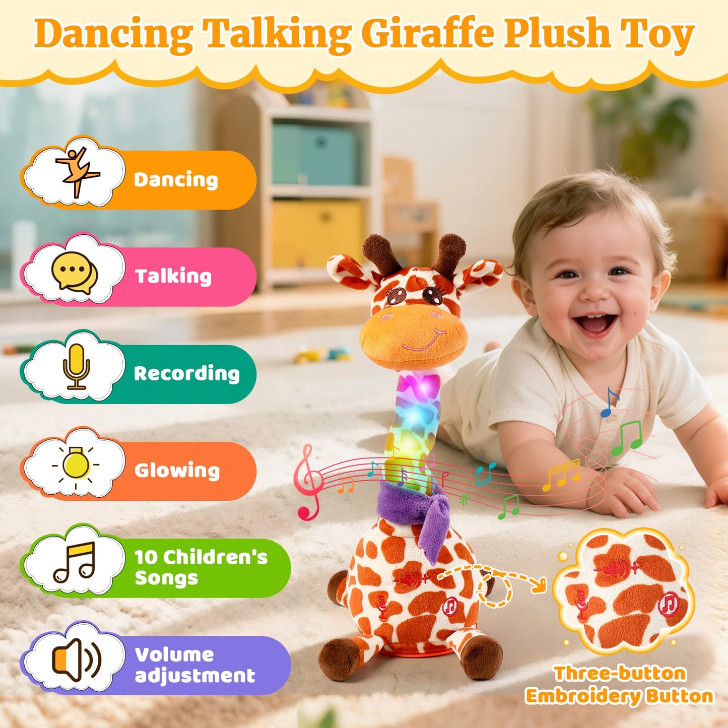 Dancing Talking Giraffe Baby Toy, Giraffe Stuffed Animal Interactive Toy, Repeating What You Say, Singing 10 Children's Song, Glow & Melody Giraffe Plush Toy for Toddlers 1-3 Years Old (Spotted deer)