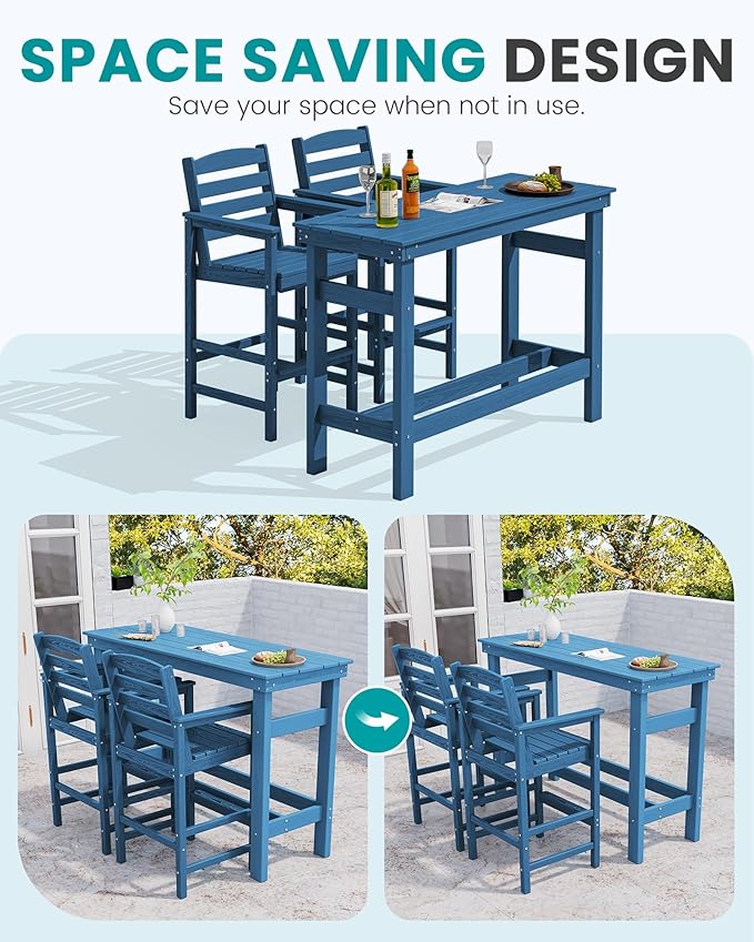SERWALL 41" Outdoor Bar Table with 1.6" Umbrella Hole, HDPE Patio Bar Counter Height Table, All-Weather Rectangle Bar Table for Backyard, Garden, Poolside, Balcony - Blue