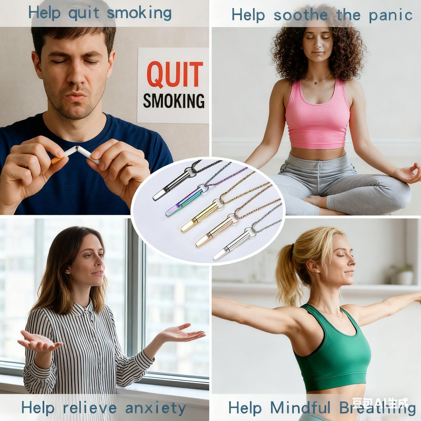 hooppoo Quit Smoking Necklace, Anxiety Relief Breathing Inhaler with Essential Oil Pad - Aromatherapy Diffuser Pendant for Smokers, Stainless Steel Necklace for Women & Men (Black)