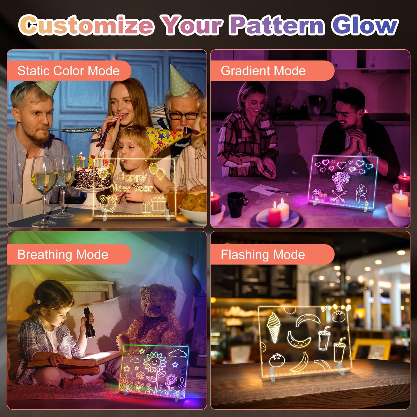LED Note Board with 7 Colors 2-Pack,13.7"x10" Light Up Dry Erase Board for Kids with 4 Modes,Includes Adapter,Invisible Stand,7 Markers,Spray Bottle,Hanging Chain - Holiday & Christmas Gift,Acrylic