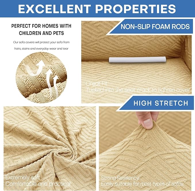 XINEAGE 2026 New Extra Large Couch Cover for 3 Cushion Couch (91"-110") 1 Piece Stretch Oversized Sofa Slipcovers Jacquard 4 Seater Furniture Protector Elastic Bottom for Kids,Pet (XL Sofa, Beige)