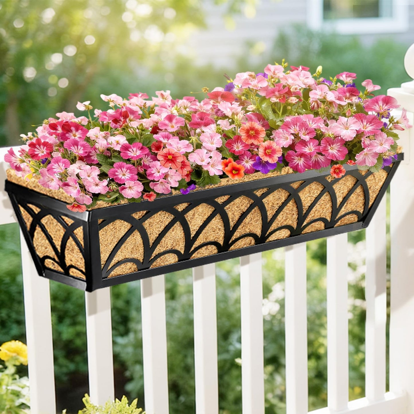 24 Inch Railing Planter Box Window Boxes Planters - 2 Pack Deck Railing Planter Boxes with Adjustable Brackets Coco Liners Balcony Planters Railing Hanging for Window Flower Boxes Outdoor Garden Decor